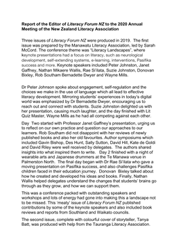 Report of the Editor of ​Literacy Forum NZ ​To the 2020 Annual