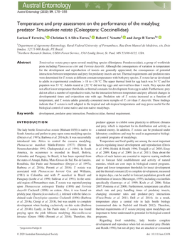 Temperature and Prey Assessment on the Performance of the Mealybug Predator Tenuisvalvae Notata (Coleoptera: Coccinellidae)