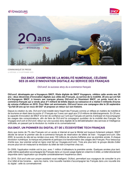 Oui.Sncf, Champion De La Mobilité Numérique, Célèbre Ses 20 Ans D’Innovation Digitale Au Service Des Français