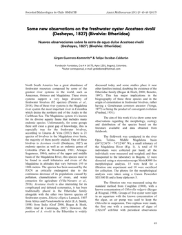 Some New Observations on the Freshwater Oyster Acostaea Rivolii (Deshayes, 1827) (Bivalvia: Etheriidae)