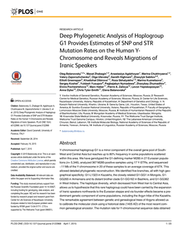 Deep Phylogenetic Analysis of Haplogroup G1 Provides Estimates of SNP and STR Mutation Rates on the Human Y- Chromosome and Reveals Migrations of Iranic Speakers