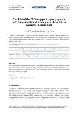 Checklist of the Clubiona Japonica-Group Spiders, with the Description of a New Species from China (Araneae, Clubionidae)