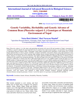 Genetic Variability, Heritability and Genetic Advance of Common Bean (Phaseolus Vulgaris L.) Genotypes at Mountain Environment of Nepal