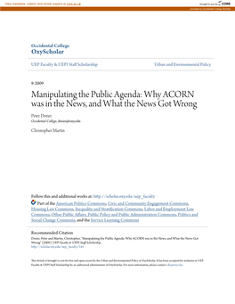 Manipulating the Public Agenda: Why ACORN Was in the News, and What the News Got Wrong Peter Dreier Occidental College, Dreier@Oxy.Edu