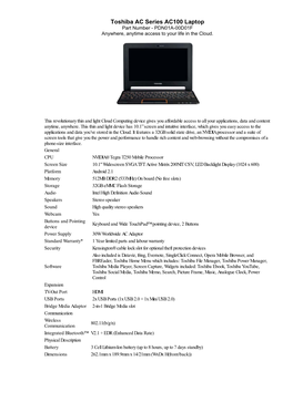 Toshiba AC Series AC100 Laptop Part Number - PDN01A-00D01F Anywhere, Anytime Access to Your Life in the Cloud