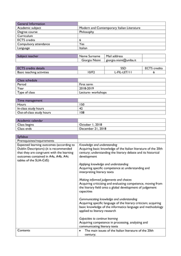 General Information Academic Subject Modern and Contemporary Italian