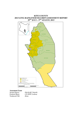 Kitui County 2013 Long Rains Food Securityassessment Report 29 Th July – 9Th August, 2013