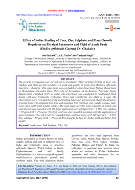 Effect of Foliar Feeding of Urea, Zinc Sulphate and Plant Growth Regulator on Physical Parameter and Yield of Aonla Fruit (Emlica Officinalis Gaertn) Cv