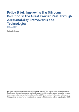 Policy Brief: Improving the Nitrogen Pollution in the Great Barrier Reef Through Accountability Frameworks and Technologies 28Th April 2017