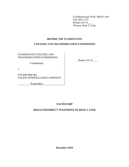 Confidential Per WAC 480-07-160 Exh. RTL-1CT Docket UE-19____ Witness: Rick T