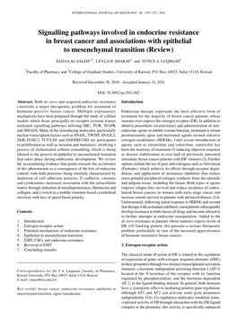 Signalling Pathways Involved in Endocrine Resistance in Breast Cancer and Associations with Epithelial to Mesenchymal Transition (Review)