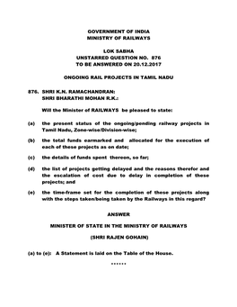 Government of India Ministry of Railways Lok Sabha