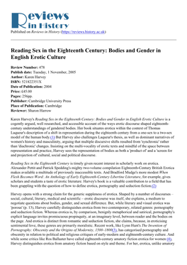 Reading Sex in the Eighteenth Century: Bodies and Gender in English Erotic Culture