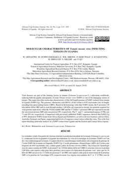 MOLECULAR CHARACTERISTICS of Tomato Mosaic Virus INFECTING TOMATO in UGANDA