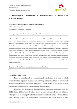 A Phonological Comparison of Transliteration of Shona and Chinese Names