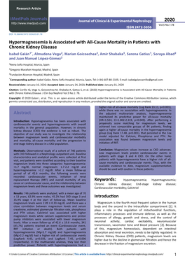 Hypermagnesemia Is Associated with All-Cause Mortality in Patients With