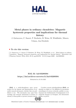 Metal Phases in Ordinary Chondrites: Magnetic Hysteresis Properties and Implications for Thermal History J