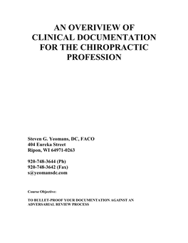 An Overiview of Clinical Documentation for the Chiropractic Profession