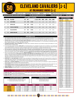 2019-20 Cleveland Cavaliers Game Notes Follow @Cavsnotes on Twitter Regular Season Game # 3 Road Game # 2 Cavs Qu