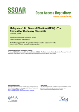 Malaysia's 14Th General Election (GE14) - the Contest for the Malay Electorate Funston, John