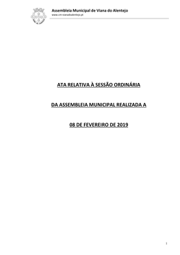 Ata Relativa À Sessão Ordinária Da Assembleia Municipal Realizada a 08 De Fevereiro De 2019