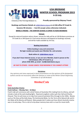 U3a Brisbane Winter School Program 2015