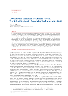 Devolution in the Italian Healthcare System. the Role of Regions in Organizing Healthcare After 2001