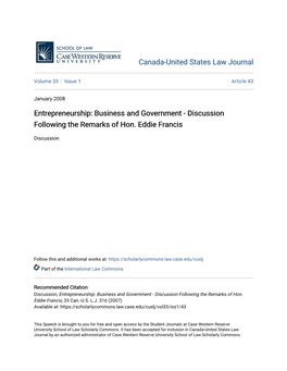 Entrepreneurship: Business and Government - Discussion Following the Remarks of Hon