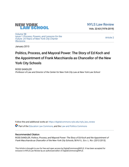 The Story of Ed Koch and the Appointment of Frank Macchiarola As Chancellor of the New York City Schools