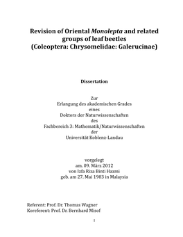 Revision of Oriental Monolepta and Related Groups of Leaf Beetles (Coleoptera: Chrysomelidae: Galerucinae)