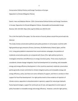 Opposition to Climate Mitigation Policies David J. Hess and Ma