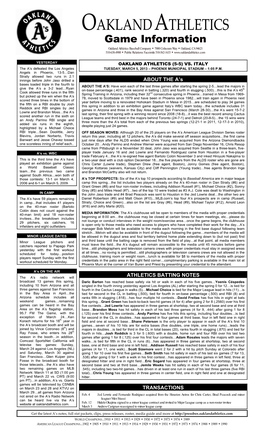 03-05-2013 A's Game Notes Vs. Italy