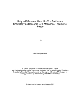 Hans Urs Von Balthasar's Christology As Resource for A
