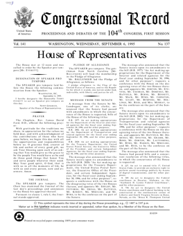 Congressional Record United States Th of America PROCEEDINGS and DEBATES of the 104 CONGRESS, FIRST SESSION