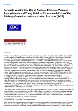 Pertussis Vaccination: Use of Acellular Pertussis Vaccines Among Infants and Young Children Recommendations of the Advisory Committee on Immunization Practices (ACIP)