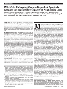 INS-1 Cells Undergoing Caspase-Dependent Apoptosis Enhance the Regenerative Capacity of Neighboring Cells Caroline Bonner,1 Siobha´N Bacon,2 Caoimhín G