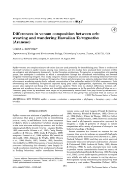 Differences in Venom Composition Between Orb- Weaving and Wandering Hawaiian Tetragnatha (Araneae)