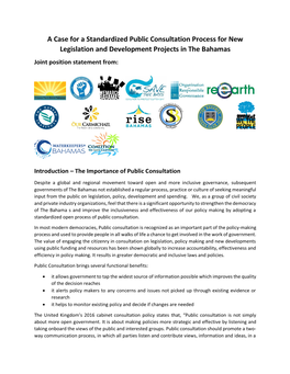 A Case for a Standardized Public Consultation Process for New Legislation and Development Projects in the Bahamas Joint Position Statement From