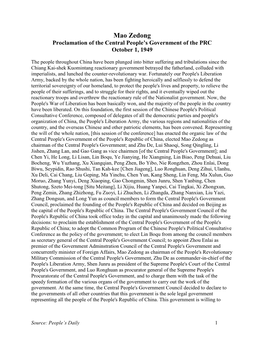 Mao Zedong Proclamation of the PRC, October 1, 1949.Pdf