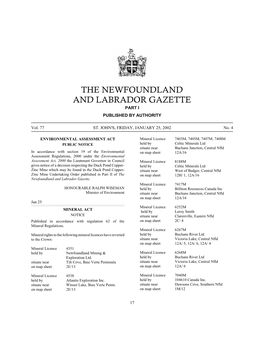 The Newfoundland and Labrador Gazette Part I Published by Authority