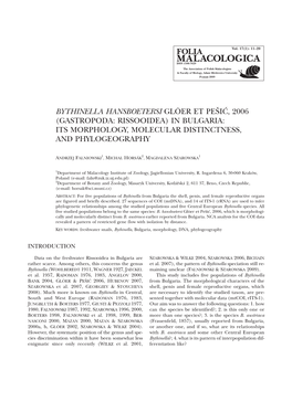 Bythinella Hansboetersi Glöer Et Pešiæ, 2006 (Gastropoda: Rissooidea) in Bulgaria: Its Morphology, Molecular Distinctness, and Phylogeography