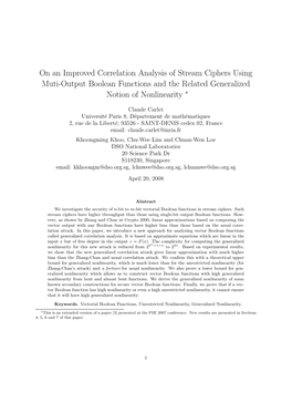 On an Improved Correlation Analysis of Stream Ciphers Using Muti-Output Boolean Functions and the Related Generalized Notion of Nonlinearity ∗