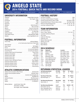 Angelo State 2014 Football Quick Facts and Record Book