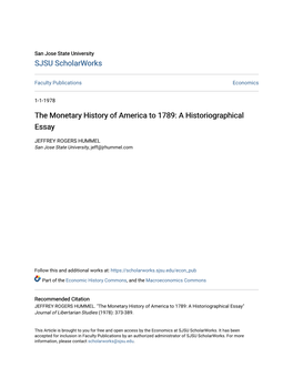 The Monetary History of America to 1789: a Historiographical Essay