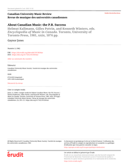 About Canadian Music: the P.R. Success / Helmut Kallmann, Gilles Potvin, and Kenneth Winters, Eds