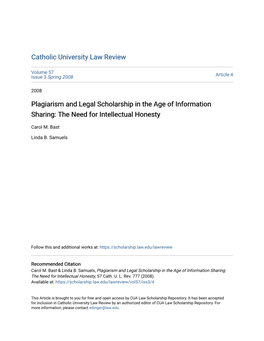 Plagiarism and Legal Scholarship in the Age of Information Sharing: the Need for Intellectual Honesty