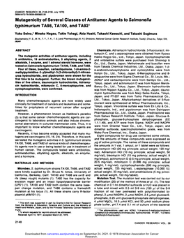 Mutagenicity of Several Classes of Antitumor Agents to Salmonella Typhimurium TA98, TA100, and TA921