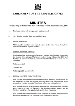 MINUTES of Proceedings of Parliament at Suva on Monday, Seventh Day of December, 2020