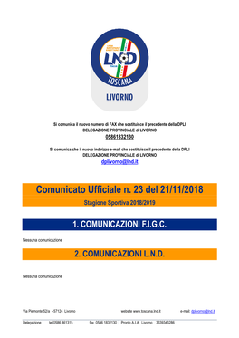 Comunicato Ufficiale N. 23 Del 21/11/2018