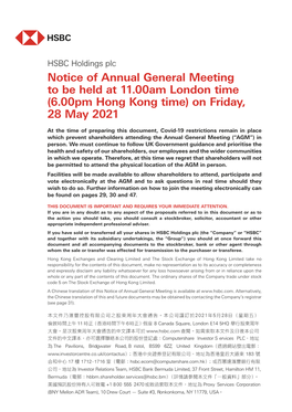 Notice of Annual General Meeting to Be Held at 11.00Am London Time (6.00Pm Hong Kong Time) on Friday, 28 May 2021